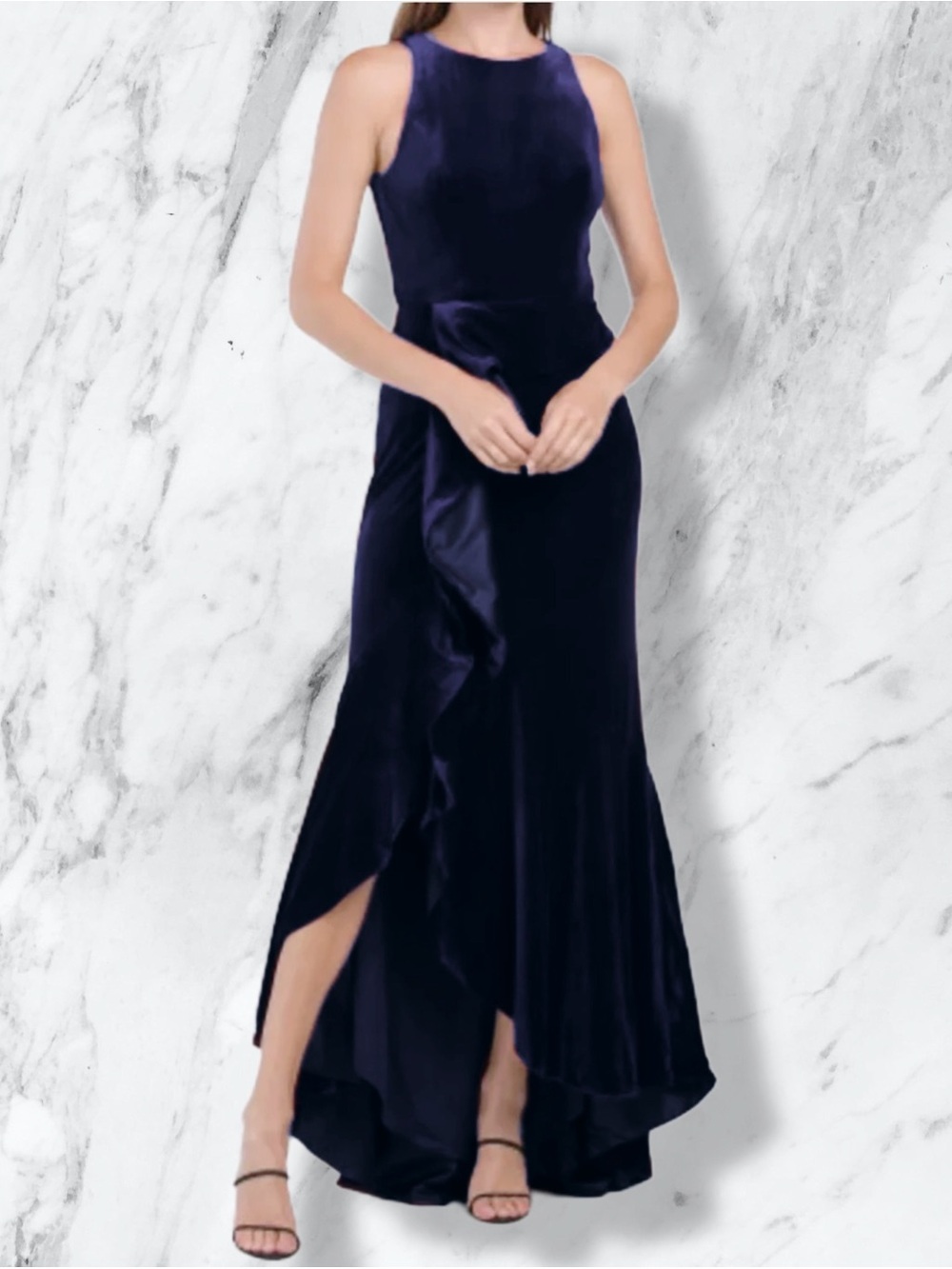 Adrianna Papell Midnight Navy Velvet Cascade Evening Gown Dress w/ Ruffle & Slit